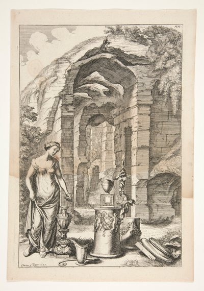 Frau in antiker Kleidung mit Urnen, Ständen und Ruinen von Joachim von Sandrart