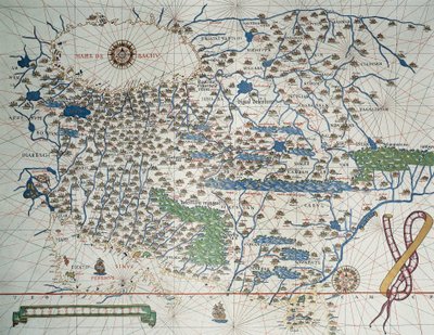 Karte von Asien, einschließlich Armenien, Iran, Afghanistan, mit Windrose, Details von Häfen, Küsten und Seewegen, im Atlas von Joan Martines von Joan Martines
