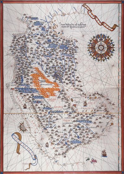 Karte der Arabischen Halbinsel, mit Windrose und Details von Häfen und Küsten, im Atlas von Joan Martines von Joan Martines