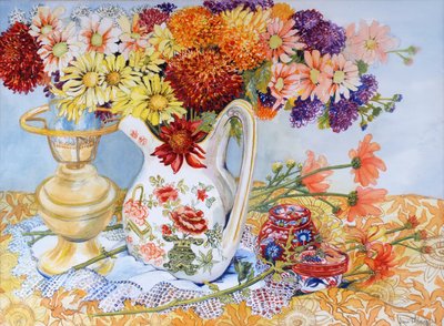 Chrysanthemen in einem chinesischen Krug, 2012 von Joan Thewsey