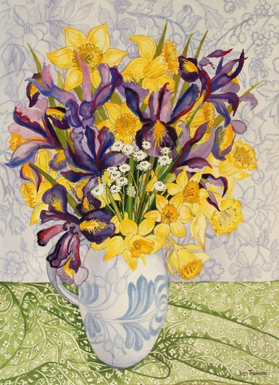 Iris und Narzissen mit gemusterten Textilien von Joan Thewsey