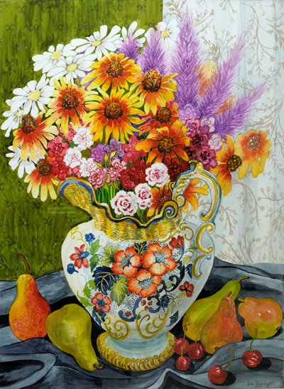 Viktorianischer Krug mit gemischten Blumen, Birnen und Kirschen von Joan Thewsey