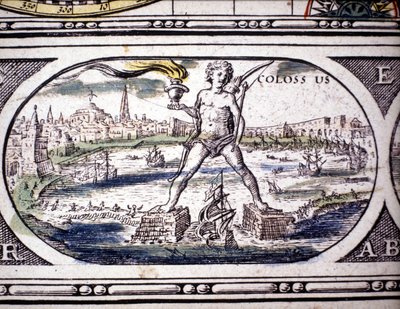 Darstellung der Sieben Weltwunder der Antike: der Koloss von Rhodos. im Atlas von Jansson Jannsonius, gedruckt in Amsterdam im Jahr 1630. Private Sammlung von Joannes Jansson