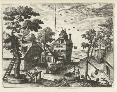 Gasthaus mit Wasserbrunnen (Landschaften, Seestücke und fantasievolle Stadtansichten) von Joannes van Doetechum (I) (attributed to)