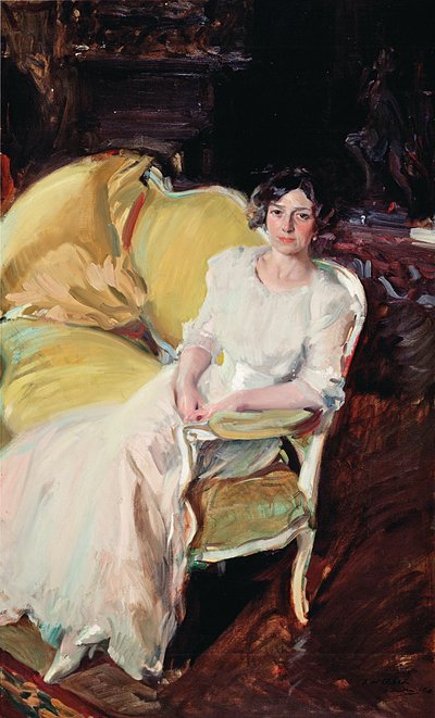 Clotilde auf dem Sofa sitzend von Joaquín Sorolla