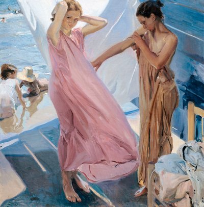 Nach dem Bad, zwei junge Mädchen wechseln nach dem Baden im Meer die Kleidung von Joaquin Sorolla y Bastida