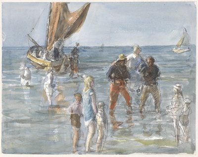 Dame wird von zwei Fischern von einem Boot an Land getragen von Johan Antonie de Jonge