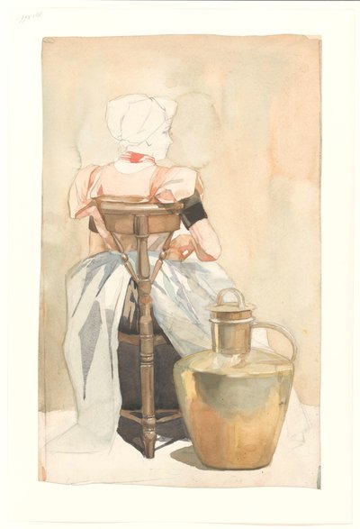 Sitzendes Mädchen in Tracht, von hinten gesehen von Johan Braakensiek
