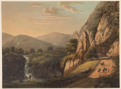 Ansicht eines Wasserfalls und einer Landstraße in Preanger auf Java von Johan Conrad Greive