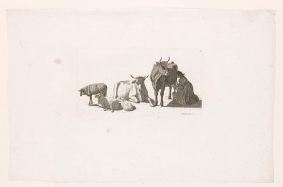 Frau, die eine Kuh melkt, mit Rindern und Schafen von Johan Jakob Biedermann