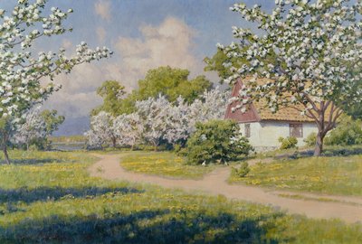 Eine bewaldete Landschaft mit einem Cottage im Frühling von Johan Krouthén
