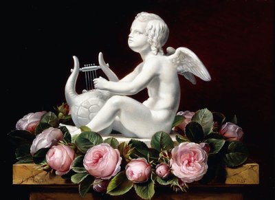 Girlande aus rosa Rosen um Amor, der auf einer Marmorkante eine Lyra spielt, 1841 von Johan Laurents Jensen