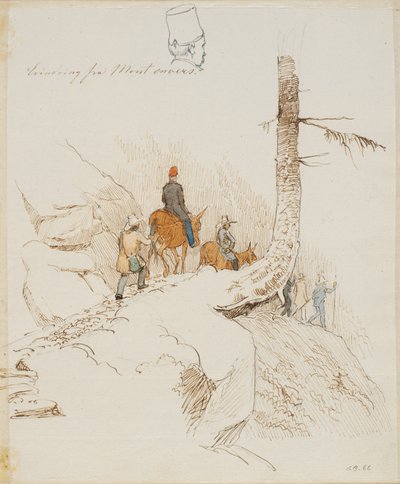 Gehende und reitende Reisende auf einem Bergpfad vor einem kleinen Männerkopf von hinten gesehen von Johan Thomas Lundbye