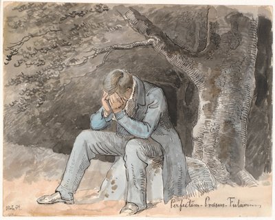 Perfectum - Präsens - Futurum. Junger Mann, der unter einem Baum auf einem Stein sitzt und die Hände vor dem Gesicht hat von Johan Thomas Lundbye