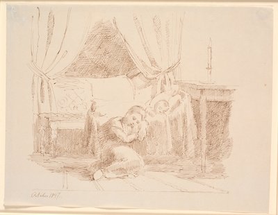 Schlafzimmerinterieur mit einem kleinen Mädchen, das auf dem Boden sitzt und schläft, an eine Wiege mit einem schlafenden Kind gelehnt von Johan Thomas Lundbye