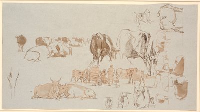 Studienblatt. Studien von Kühen, in der Mitte der Melkwagen mit drei Mädchen und einem Hirten von Johan Thomas Lundbye