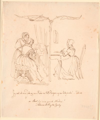 Zweiteilige Darstellung mit links zwei Brief lesenden Damen, rechts eine Brief schreibende Dame von Johan Thomas Lundbye