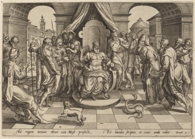 Moses und Aaron vor dem Pharao von Johan Wierix, after Maarten van Cleef