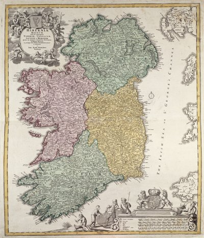 Karte von Irland mit den Provinzen Ulster, Munster, Connaught und Leinster, von Johann B. Homann, um 1730 (handkolorierte Gravur) von Johann Baptista Homann
