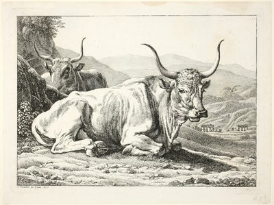 Zwei ruhende römische Stiere, aus Die zweite Tierfolge von Johann Christian Reinhart