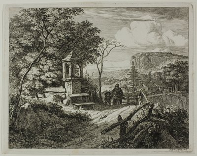 Holzsammler mit einem Jungen, Platte zwei aus Die zwei großen Landschaften mit den Betsäulen von Johann Christoph Erhard