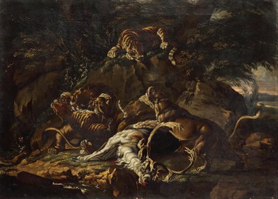 Raubtiere und gerissener Hirsch von Johann Elias Ridinger