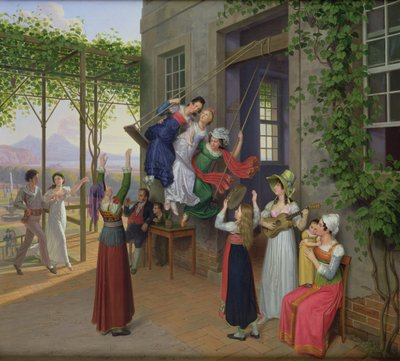 Jugendliche spielen auf einer Schaukel in einem Garten bei Neapel, 1823 von Johann Erdmann Hummel