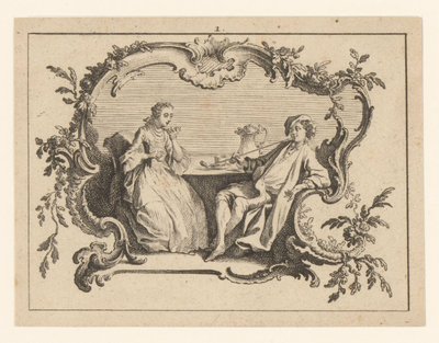 Frau und pfeiferauchender Mann an einem Tisch in einer Kartusche von Johann Esaias Nilson