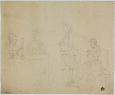 Skizze einer Familiengruppe mit drei sitzenden Frauen und einem stehenden jungen Mann von Johann Friedrich August Tischbein
