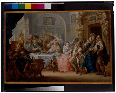 Innenraum mit eleganten Figuren in Maskenkostümen beim Festmahl von Johann Georg Platzer