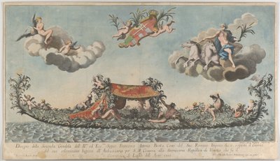 Die hochverzierte zweite Gondel von Francesco Antonio Berka, die Venedig betritt, Götter auf c..., 1700 von Johann Georg Wolfgang