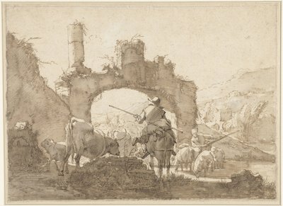 Zwei Hirten treiben ihr Vieh durch einen Fluss von Johann Heinrich Roos