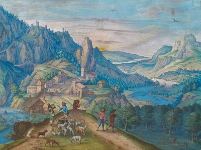 Berglandschaft bei Einbruch der Nacht mit Flusstal und Figuren, 1640 von Johann Jacob Besserer