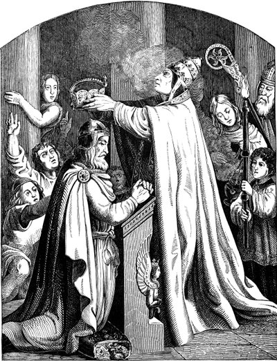 Die Krönung von Kaiser Karl dem Großen durch Papst Leo III. (Illustration aus der Geschichte des deutschen Volkes von E. Duller, 1840) von Johann Jakob Kirchhoff