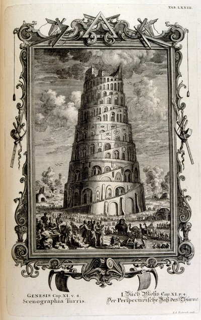 Plan des Turms von Babel von der Seite gesehen von Johann Jakob Scheuchzer