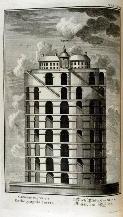 Plan des Turms von Babel von der Seite gesehen von Johann Jakob Scheuchzer