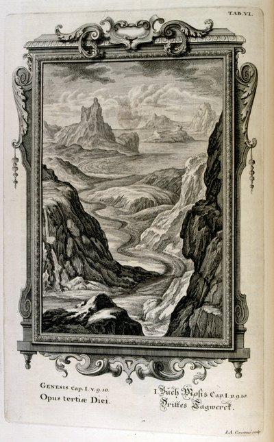 Die Schöpfungsgeschichte ist der Schöpfungsmythos sowohl des Judentums als auch des Christentums. Der dritte Schöpfungstag: Die Meere werden geschaffen von Johann Jakob Scheuchzer
