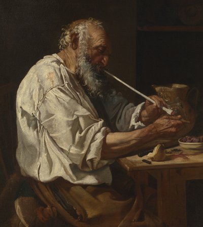Alter Bauer zündet eine Pfeife an, ca. 1660 von Johann Karl Loth