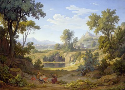 Italienische Landschaft mit einem Pilger und Bauern, 1829 von Johann Martin von Rohden