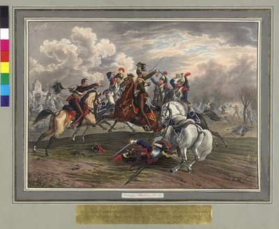 Frederic Dittmayer Rettung am 17. Februar 1814 in Villeneuve, Oberst Sergeant Baron von Trach aus der Gefangenschaft französischer Kürassiere von Johann Nepomuk Hoechle