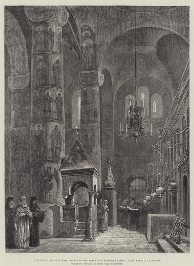 Innenansicht der Kathedrale der Himmelfahrt (Uspenski Sobor) im Kreml in Moskau, wo der Kaiser von Russland gekrönt wird von Johann Nepomuk Schonberg