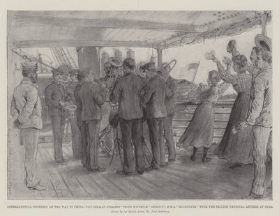 Internationale Höflichkeit auf dem Weg nach China, der deutsche Dampfer Prinz Heinrich grüßt HMS Highflyer mit der britischen Nationalhymne in Suez von Johann Nepomuk Schonberg
