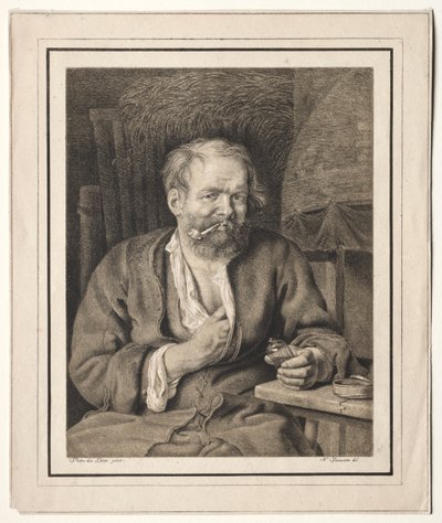 Bauer sitzt an einem Tisch und raucht eine Pfeife von Johann Nepomuk Strixner