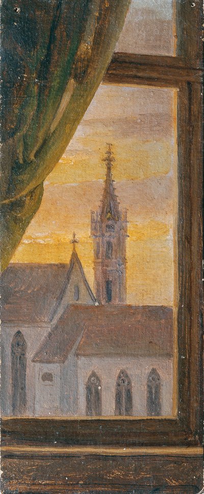 Blick durch ein Fenster auf einen gotischen Kirchturm von Johann Peter Krafft
