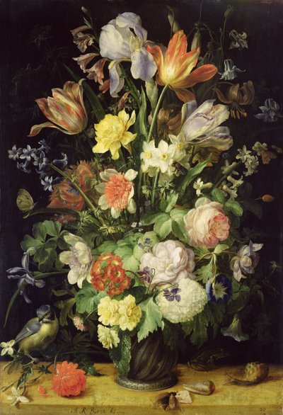 Stillleben mit Blumen und Blaumeise von Johann Rudolf Byss