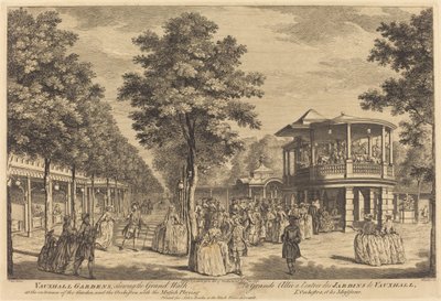 Vauxhall Gardens zeigt den großen Spaziergang am Eingang des Gartens und das Orchester mit Musik von Johann Sebastian Müller after Samuel Wale