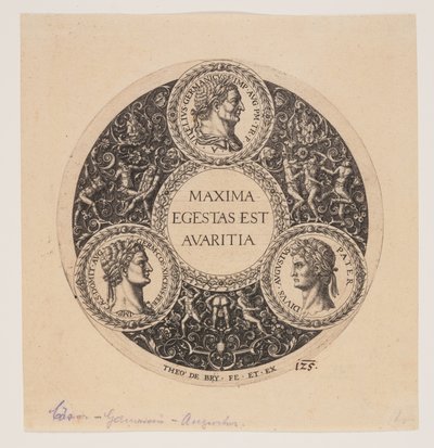 Maxima Egestas Est Avaritia, Entwurf für eine Fußschale von Johann Theodor de Bry