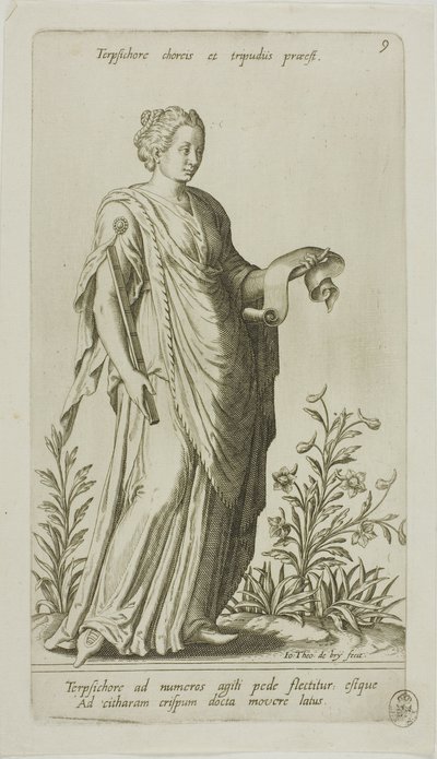 Terpsichore, Muse des Tanzes, Platte 9 aus Parnassus Biceps von Johann Theodor de Bry