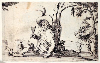 Landmann sitzt und erfrischt sich und ein Zwerg mit Dudelsack von Johann Wilhelm Baur