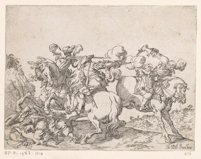 Zwei Musketiere zu Pferd beschießen einen Reiter (Kampfszenen) von Johann Wilhelm Baur